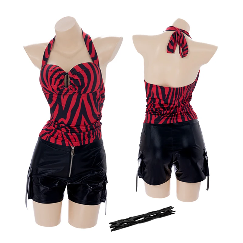 Cosplay Costume Obsession Nikki Women Role Play Halloween Party Horror Movie Zebra Halter Top Faux Leather Shorts
