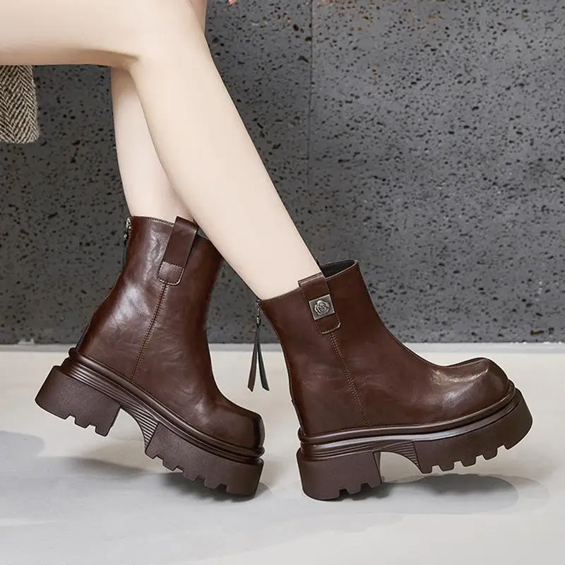 

Warm Fleece Lined Real Leather Women's Boots Slim Fit Short Booties Thick Heel Heightening Mid-Calf Fashion Boots Winter