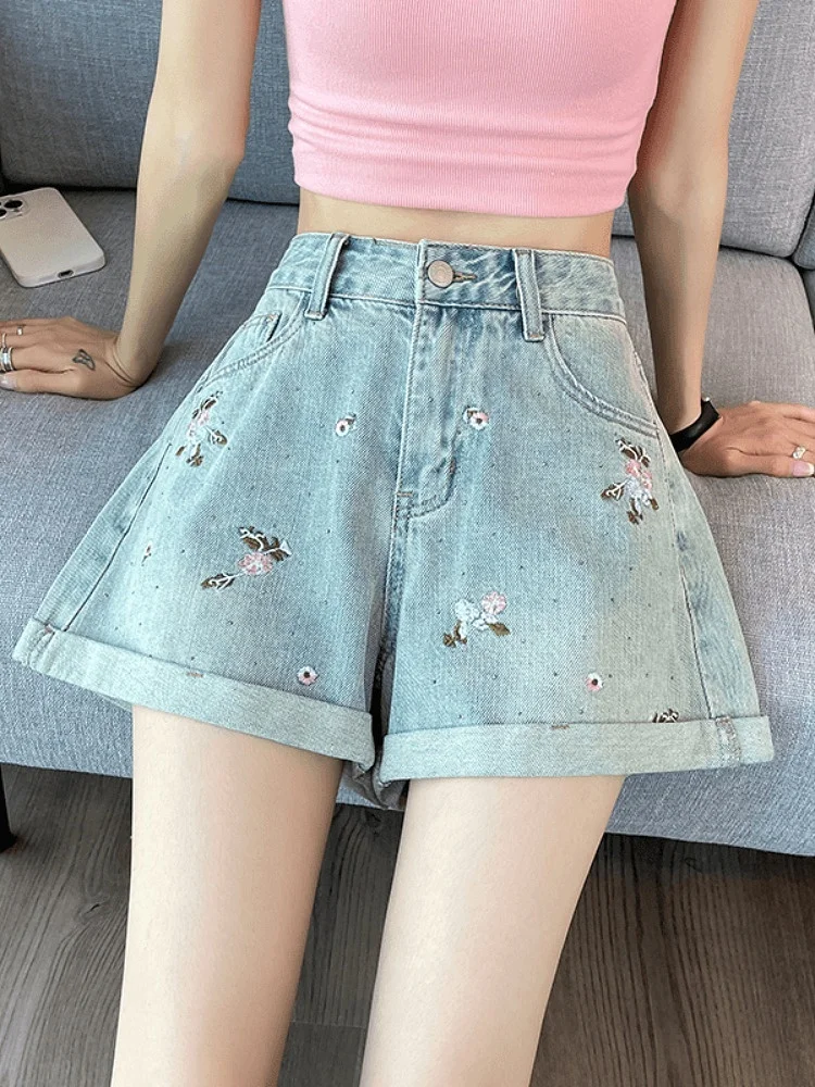 

Женские джинсы трапециевидной формы с высокой талией, лето 2024, новые утягивающие брюки с прошитым подолом, широкие шорты из смеси хлопка и полиэстера