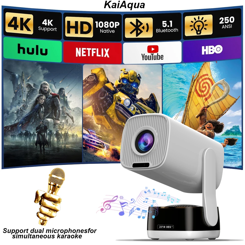 

Мини-проектор KaiAqua K6 Max 4K DLP Smart WiFi Android 11.0 LED 1080P для домашнего кинотеатра на открытом воздухе с микрофоном для караоке