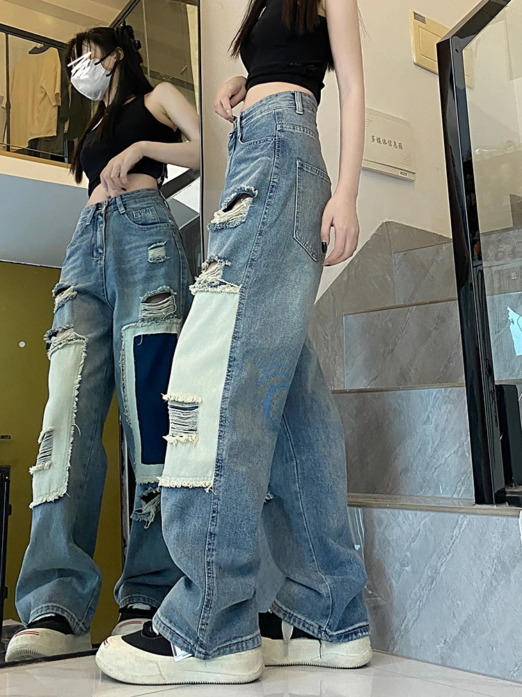 Vintage Women Patchwork Denim Pants Holes Ripped Streetwear Pocket High Waist Fashion 2023 Summer New Wide Leg Straight Jeans
