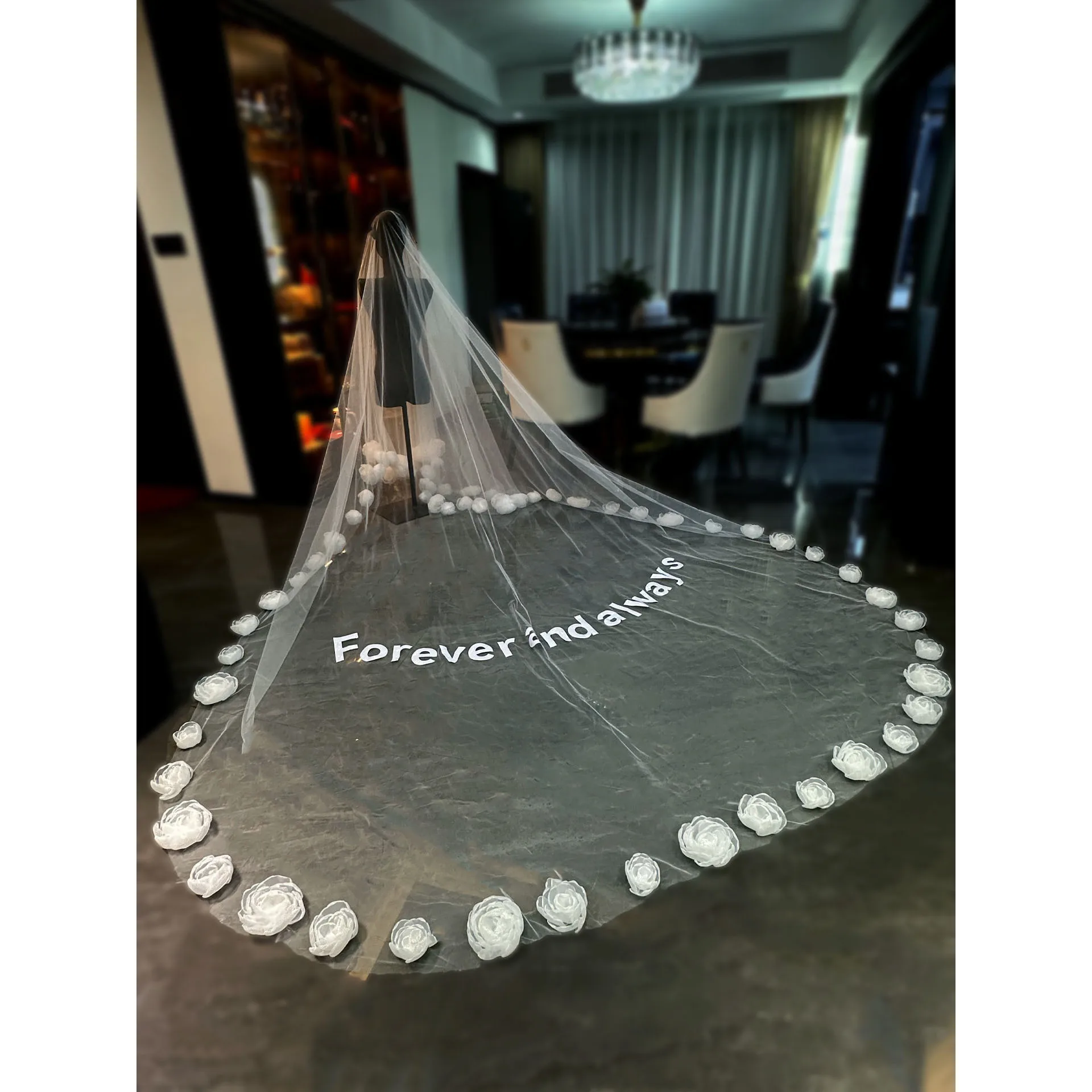 Romantic One Tier Cathedral Length Bridal Veil Custom Words Print 3D Handmade Organza Rose Flowers Edge Long Tulle LPDQL055