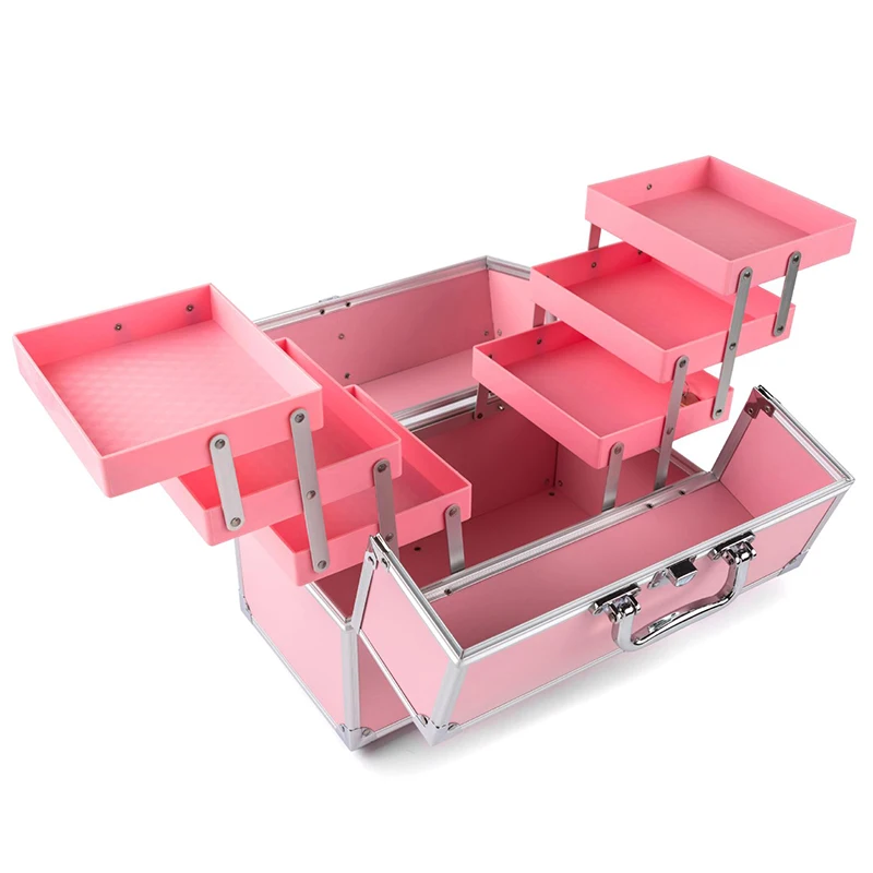 Large Compacity Makeup Train Case Multi Tier Professional Lockable Cosmetic Organizer Foldable Trays Skincare Makeup Storage Box