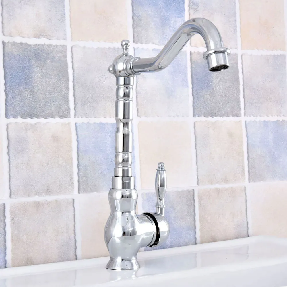 Chrome Finish Brass Single Hole Deck Mount Kitchen Basin Faucet Swivel Spout Bathroom Sink Cold Hot Water Taps 2sf655