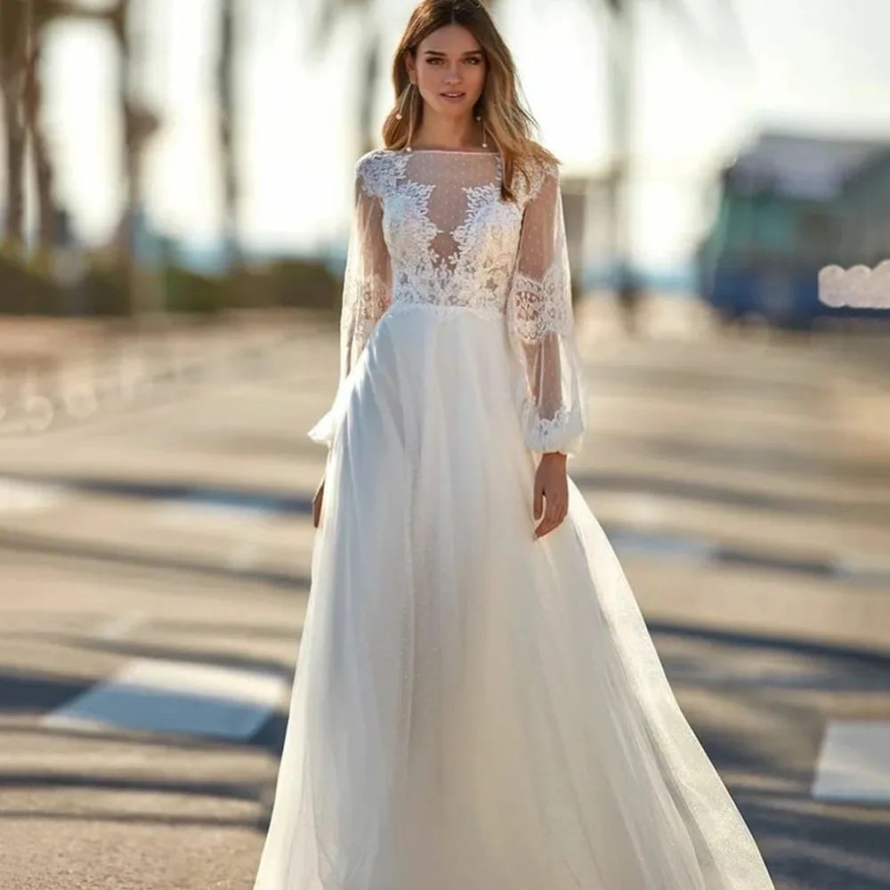 Msikoods abito da sposa Boho 2023 Appliques di pizzo Puff maniche lunghe abito da sposa bohémien Beach Vestidos De Novia