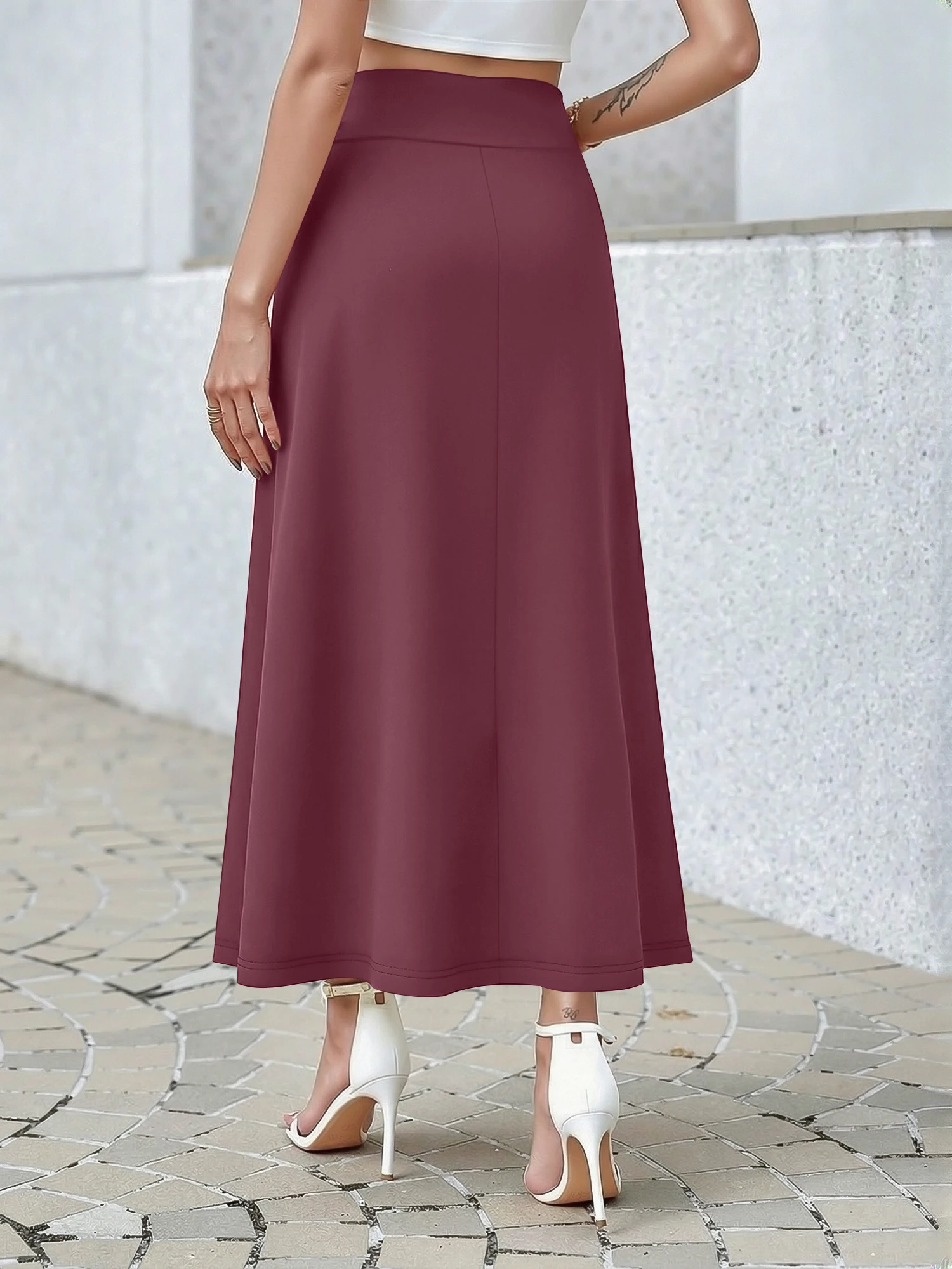 Ladies High Stretch Knit Swing Maxi Skirt Simple Solid A‑Line Long Skirt Wide Waistband Casual Daily Skirt