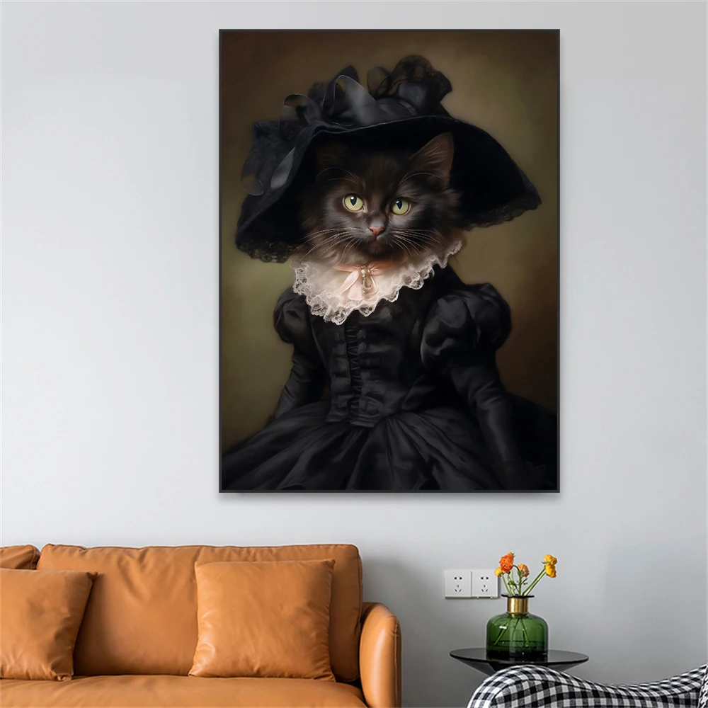 Royal Lady Black Cat Vintage Print Poster Victorian Animals Portrait Abstract Wall Art Prints Altered Art Canvas Painting Decor