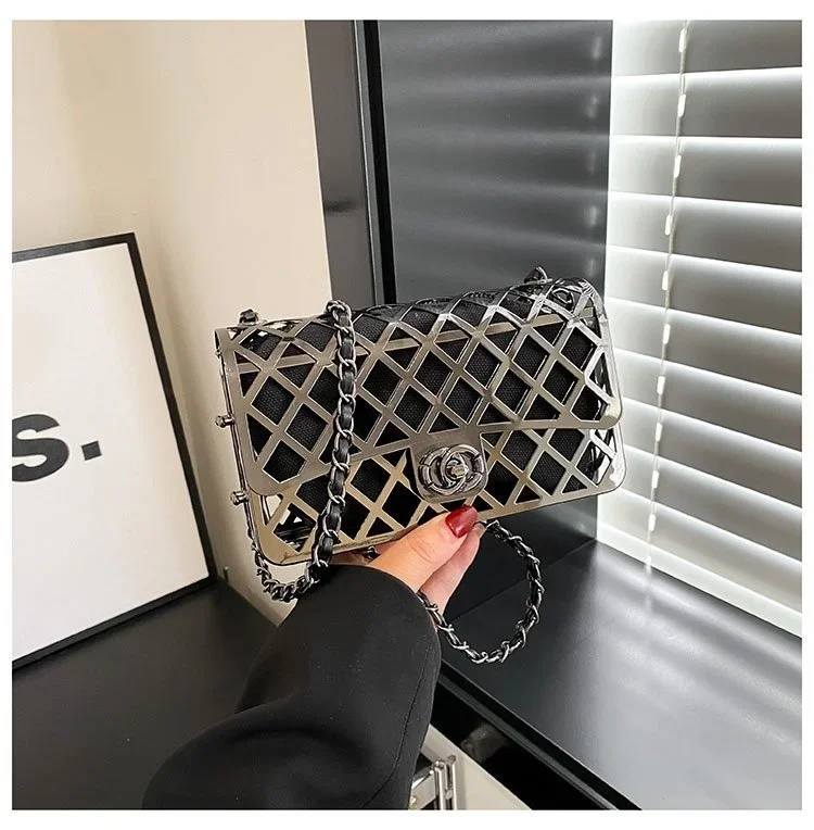 2024 New Fashion Hollow Personalized Dinner Party Bag Small Fragrant Style Women\'s Crossbody Metal Bag Metal Small Shoulder Bag