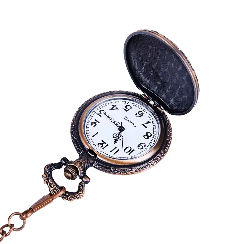 Vintage fashion embossed brick red three horse embossed classic quartz pocket watch with necklace