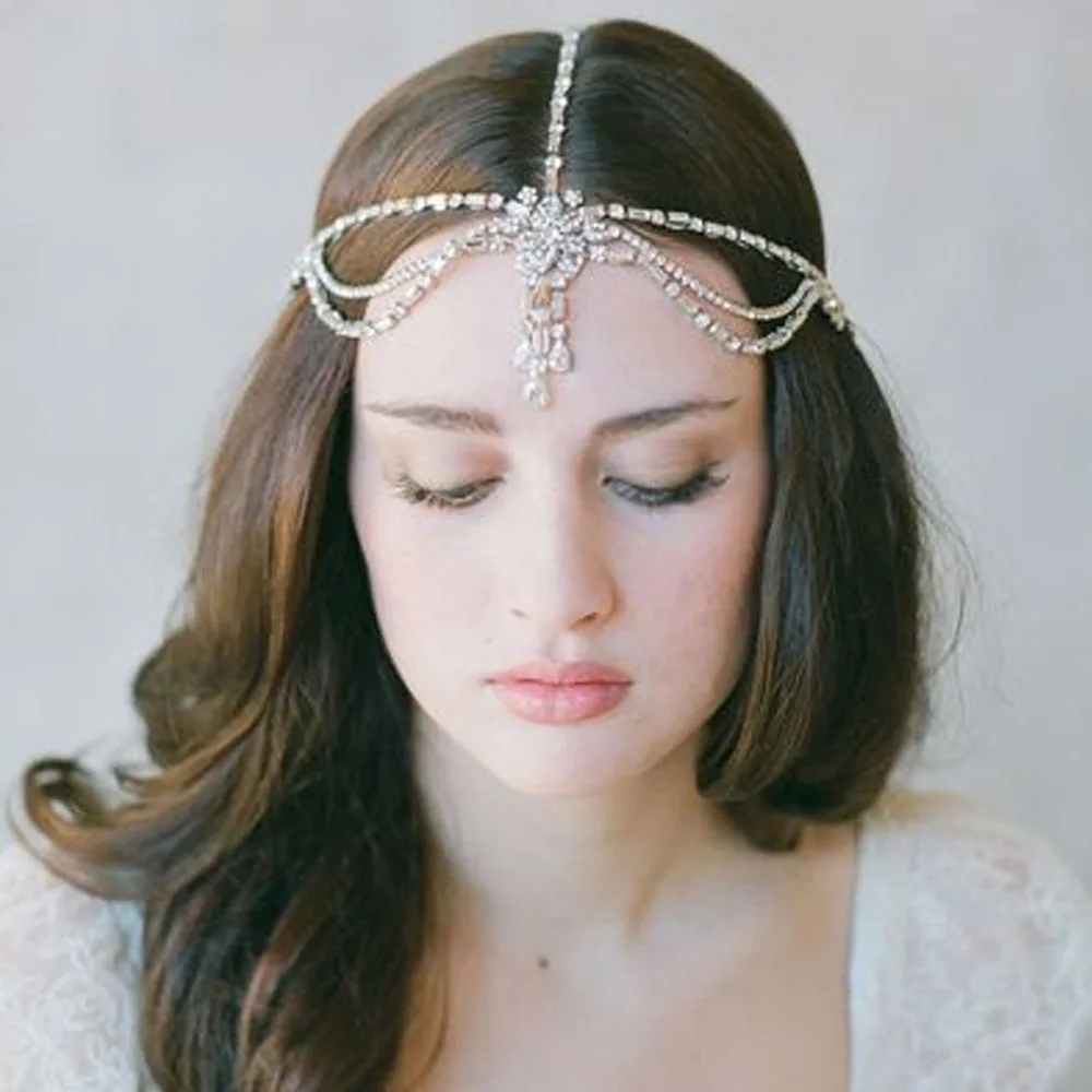 Elegant Bridal Head Piece Rhinestone Forehead Headband Chain Wedding Hair Accessories Crystal Tassel Head Chain Tiara Jewelry