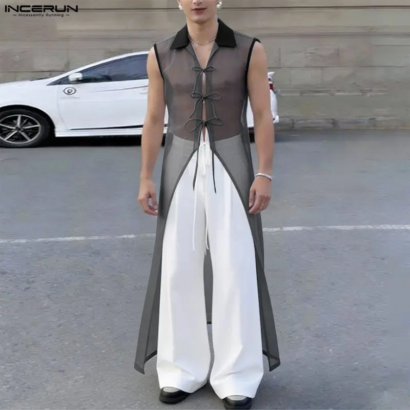 INCERUN Men's Shirt Mesh Patchwork Lapel Sleeveless Lace Up Male Long Style Shirts Streetwear 2026 Sexy See Through Men Clothes