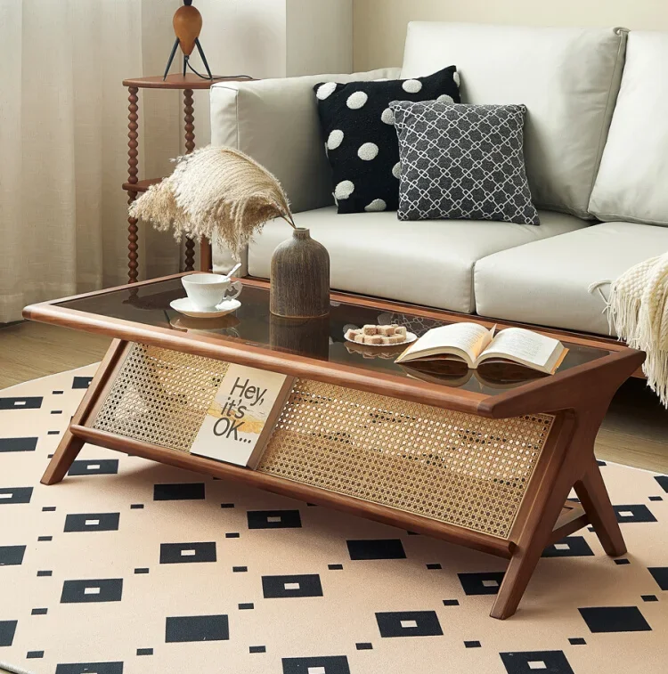 

French Style Retro Coffee Table Solid Wood Rattan Living Room Glass Rectangular Simple Modern Coffee Table