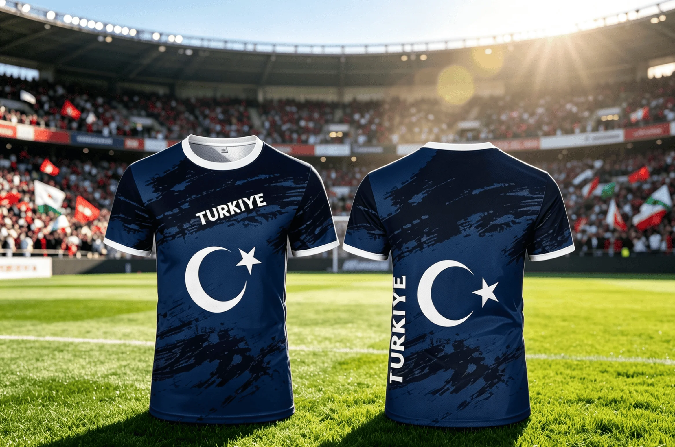 Turkiye Crescent‑Star Themed Football Jersey, Trendy Red‑Black Brush Print Men’s Breathable Fan Sports Tee