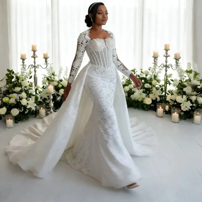 Customized Square Neck Lace Appliques Country Wedding Dress with Removable Skirt  Robe De Mariée  Long Sleeves    Bridal Gown