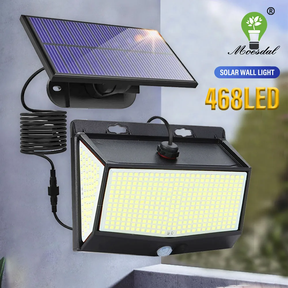 

468LED Solar Light Outdoor Super Bright Waterproof Wall Lamp with Motion Sensor Wide Angle Lighting for Garden Fence Yard Garage