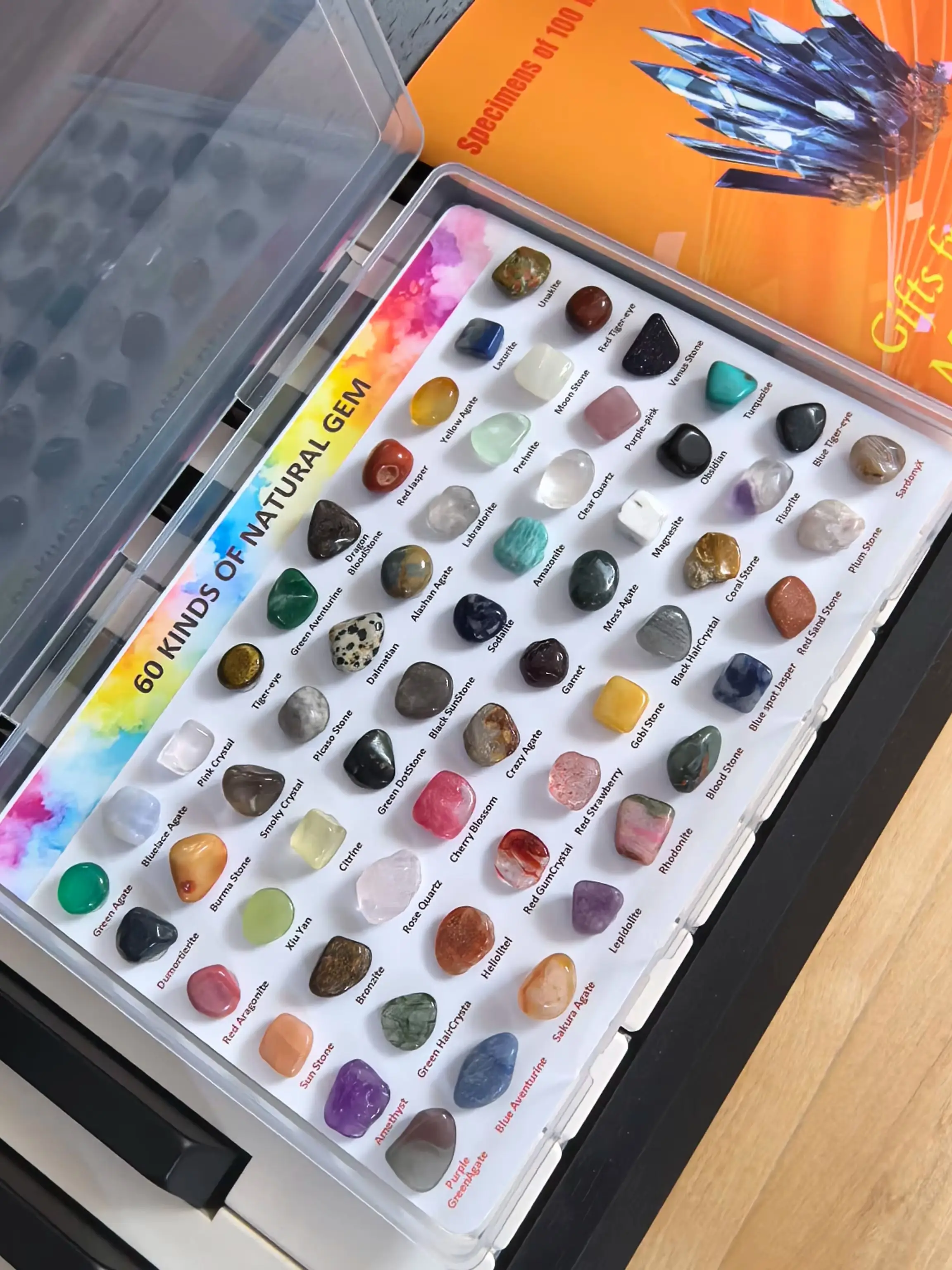60 Stück natürliche Mineralien + 100 Arten, Handbuch, Amethyst, Obsidian, Rosenquarz, Tigerauge, Heimdekorationsornament, kreatives Geschenk für Feiertage – Detail 1