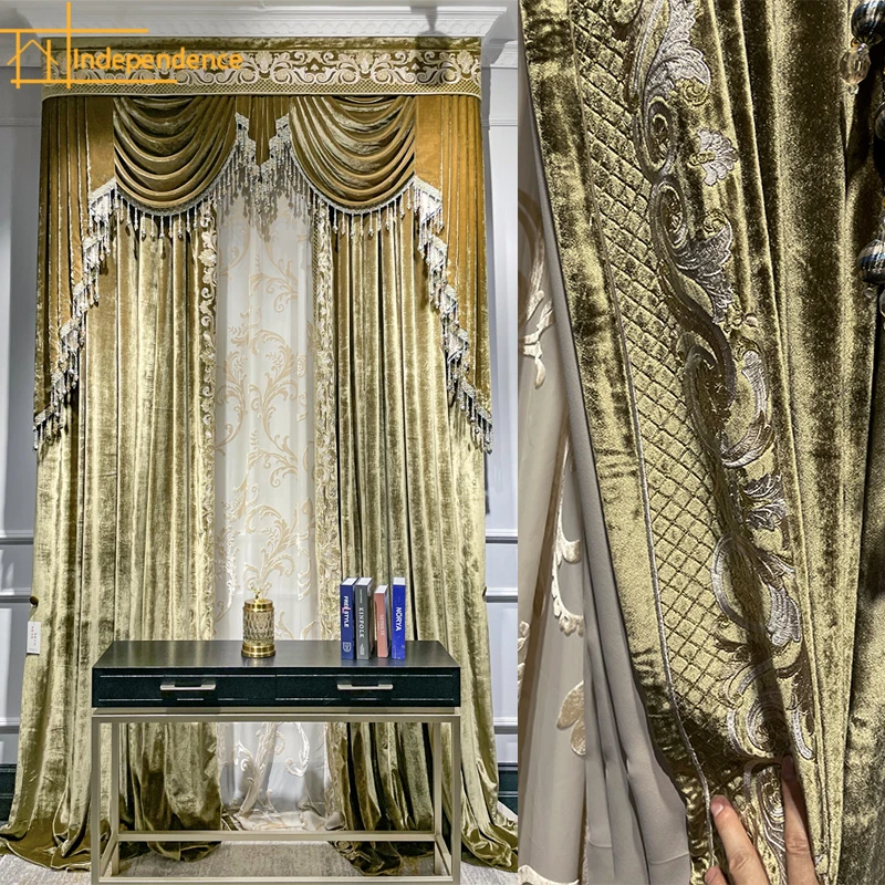 Gold Gilded Embroidered Velvet Stitching with Thick Blackout Curtains for Living Room Bedroom Villa Custom Window Screen Valance