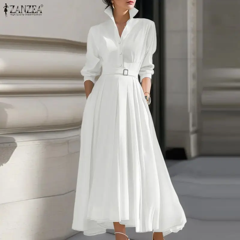Women Spring OL Work Dresses 2026 ZANZEA Elegant L.apel Neck Long Sleeve Sundress Solid Belted Robe Stylish A Line Party Dress view 2