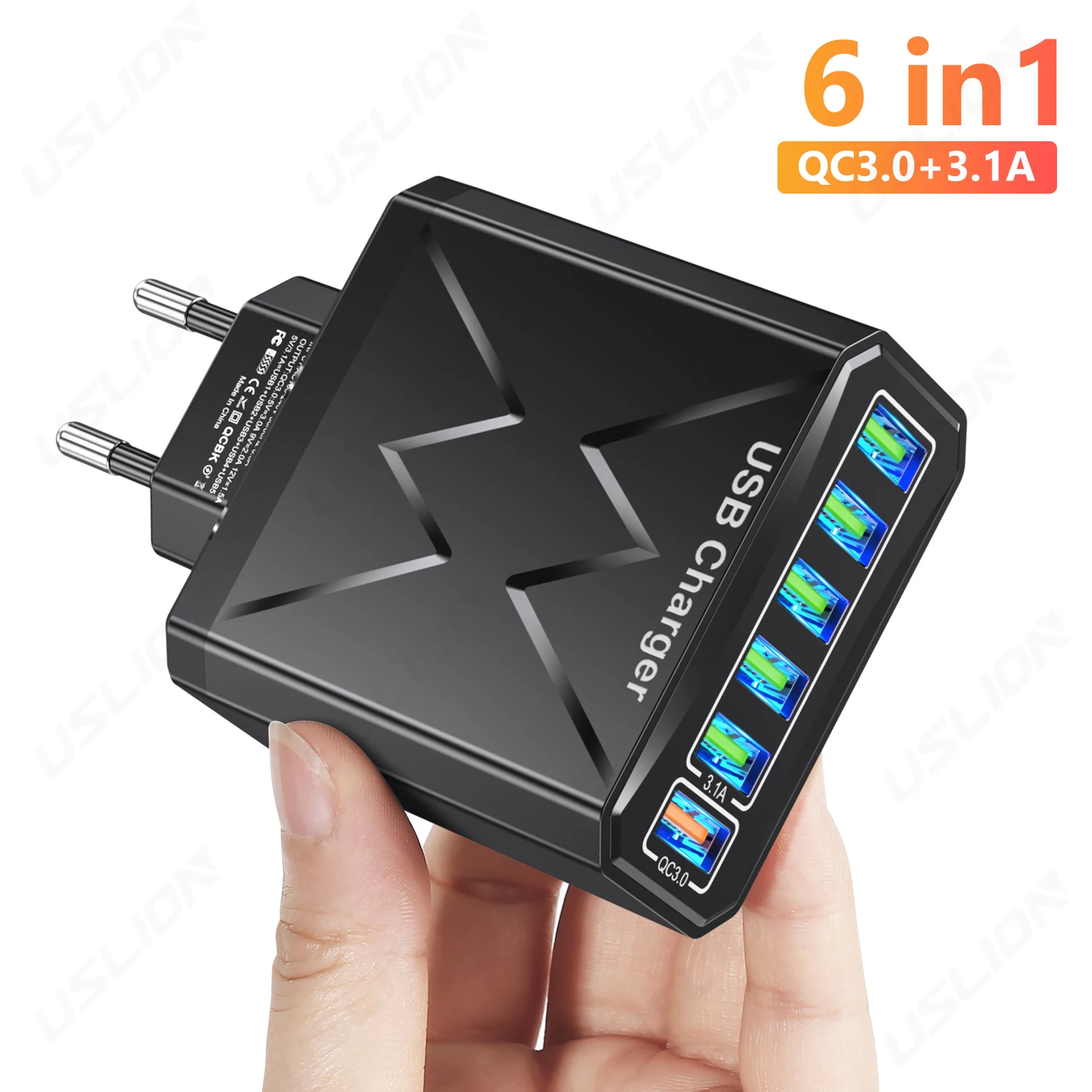 USLION 3A 6 Ports USB Charge Adapter For iPhone 11 12 13 14 Pro Max Plus XS XR Xiaomi QC3.0 EU/US/UK/KR Portable Wall Charging