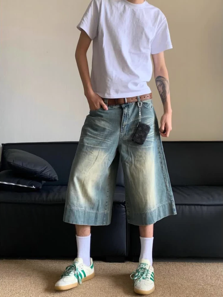 ADAgirl Vintage Wide Leg Denim Shorts Women Harajuku Fashion Oversize Low Waist Do Old Summer Pants Y2k Causal Knee Length Jeans