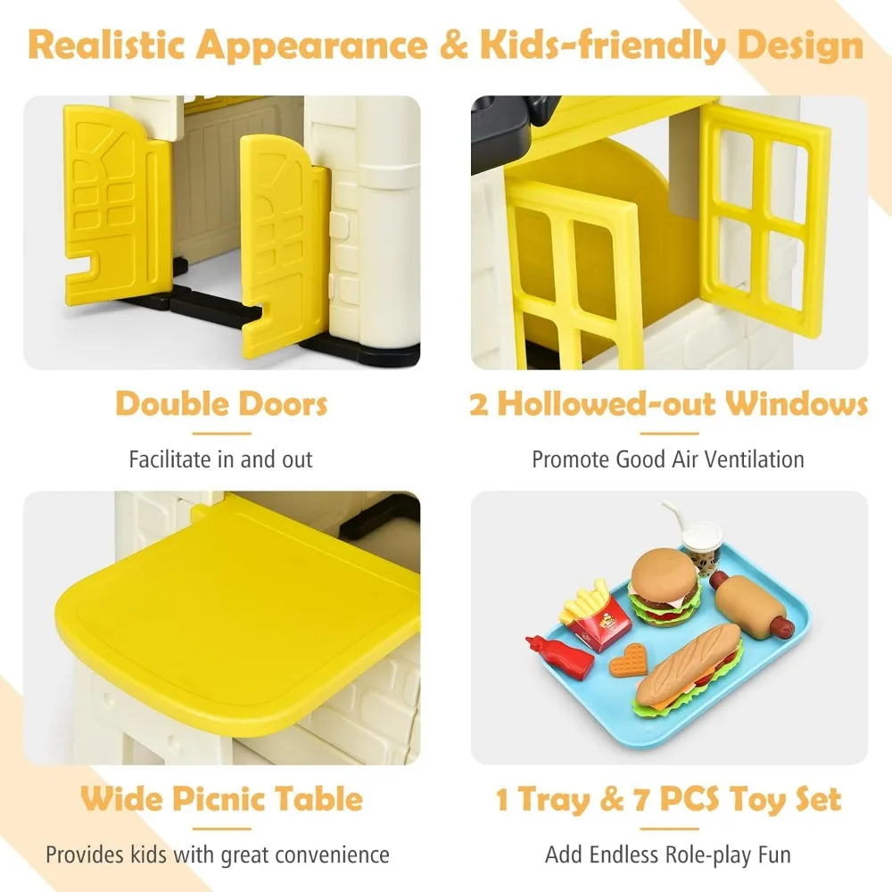 Playhouse for Kids, Outdoor Garden Games Cottage w/Working Doors & Windows, Pretend Toy House w/Picnic Table, 7 PCS Toy Set