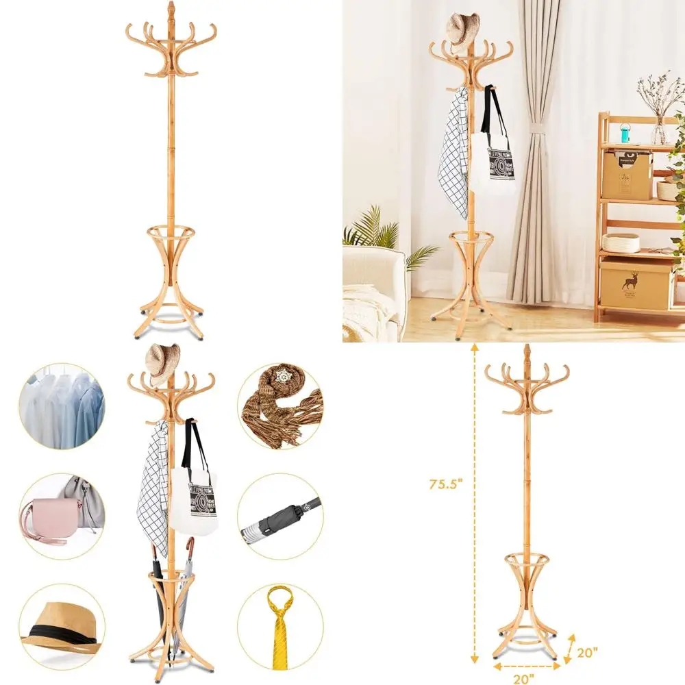 

Wooden Standing Coat Rack with 12 Hooks, Home Hat and Jacket Hanger Tree, Umbrella Holder, 75.5 Inches Tall Storage Solution