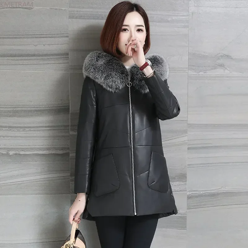 Real Leather Jacket for Women Winter Hooded Down Coats Fox Fur Collar Genuine Sheepskin Coat Slim Down Jackets Jaquetas Feminino