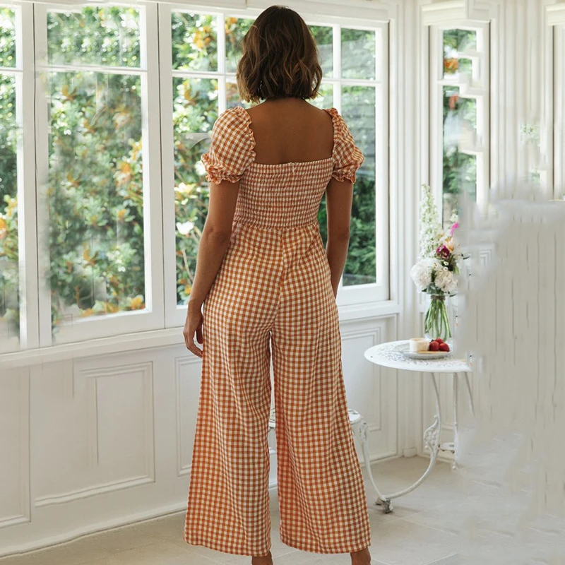 Ardm Elegant Square Collar Asymmetrical Short Sleeve Plaid Jumpsuits Women 2021 Casual Ruffle Summer Female Wide Leg Pants