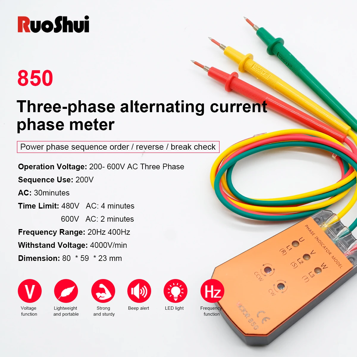 

Профессиональный измеритель последовательности фаз RuoShui 850 - 3-фазный тестер вращения переменного тока 200-600 В со светодиодным дисплеем 4000 В/мин 20 Гц 400 Гц