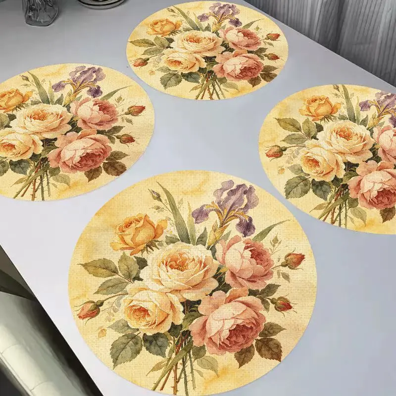 VIKAMA Rose & Iris Bouquet Linen Round Placemats Set of 6, Non-Slip Washable Heat Resistant Kitchen Table Mats