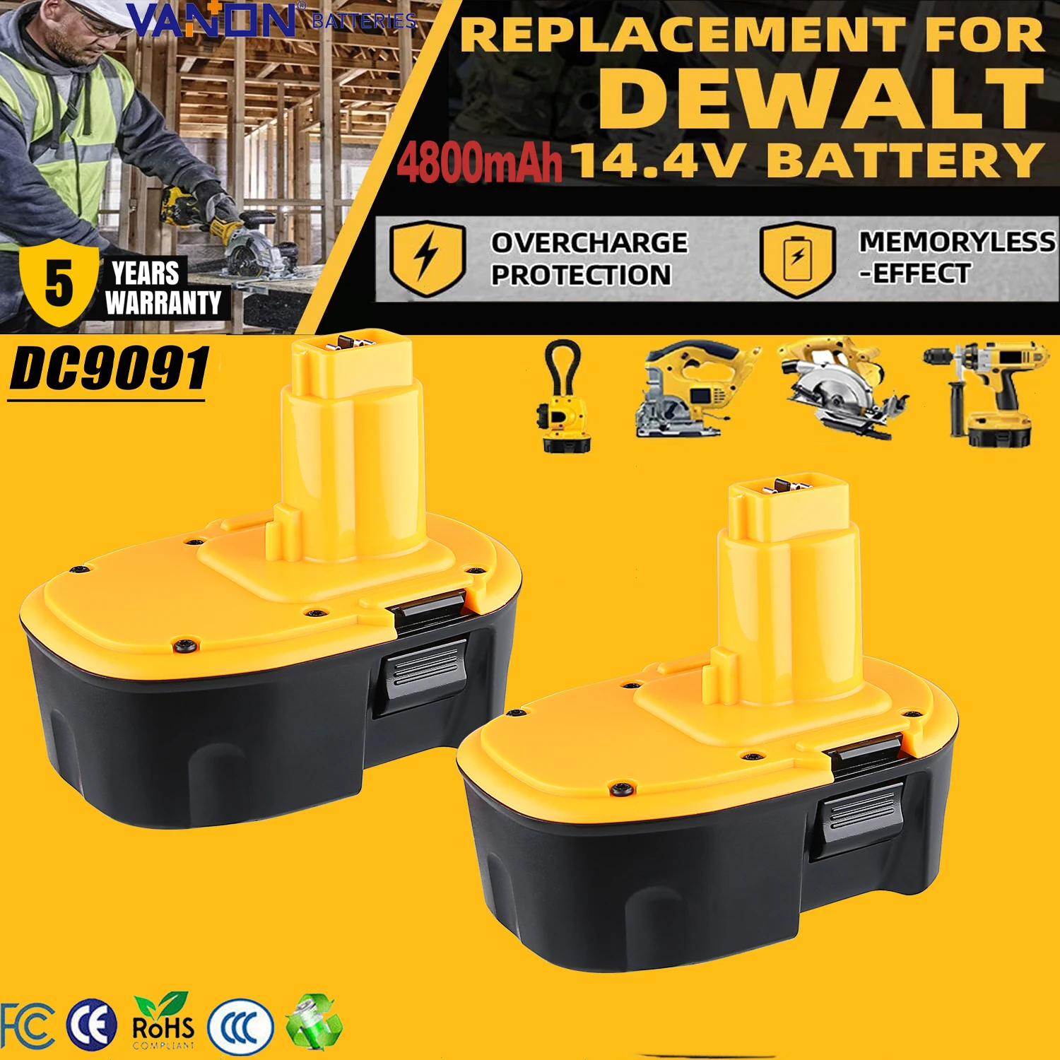 

VANON 2 шт. DC9091 4,8 Ач Ni-MH замена для Dewalt 14,4 В аккумуляторный штифт подходит для электроинструментов Dewalt DW9091 DW9094 DE9091 DE9092