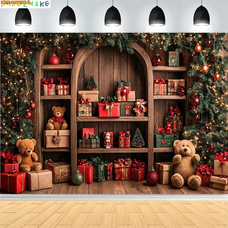 

Christmas Day Pine Tree Bell Wreath Photography Backdrops Indoor Fireplace Winter Elk New Year Family Portrait Background CT-06