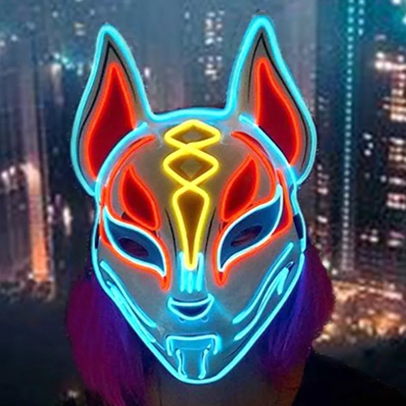 Glowing  Demon Slayer Mask Cosplay Japanese Cartoon Neon Light Samurai Mascara Luminous Led Fox Mask For Halloween Christmas - view 2