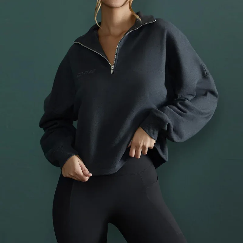 New High Collar Fitness Sports Top Coat, Women's Running Zipper, Loose Long Sleeve Hoodie