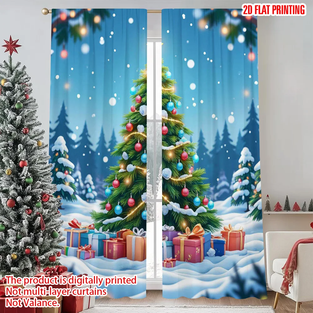

2pcs 2D flat printing Merry Christmas Popular Window Drapes Snow and Christmas trees Machine Washable Polyester Without