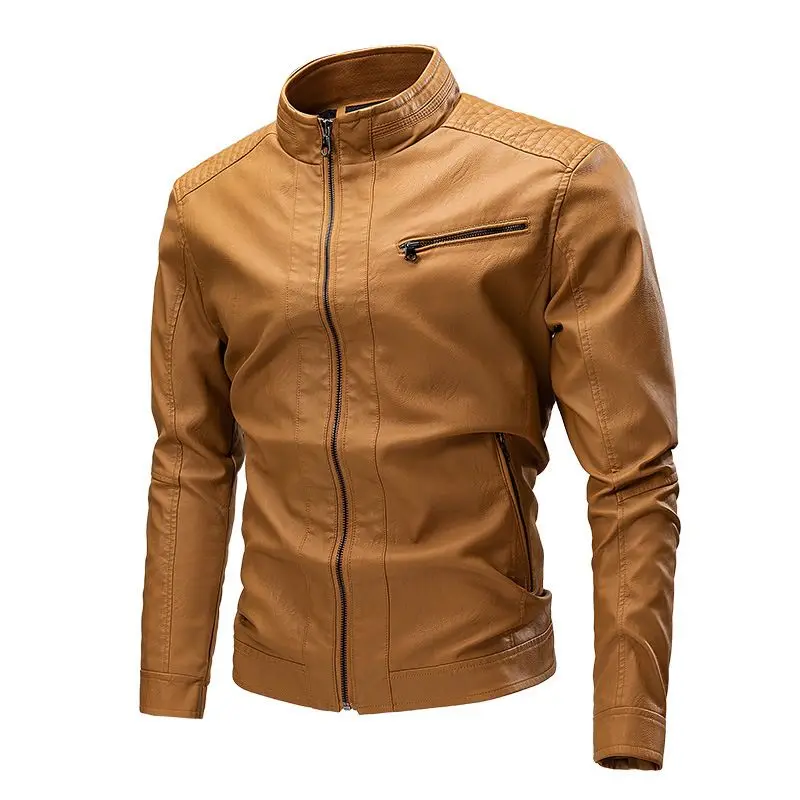 Autumn Winter Man Leather Jacket Stand Collar Long Sleeve Pocket Motorcycle Punk Street Trend Male Outerwear Coat