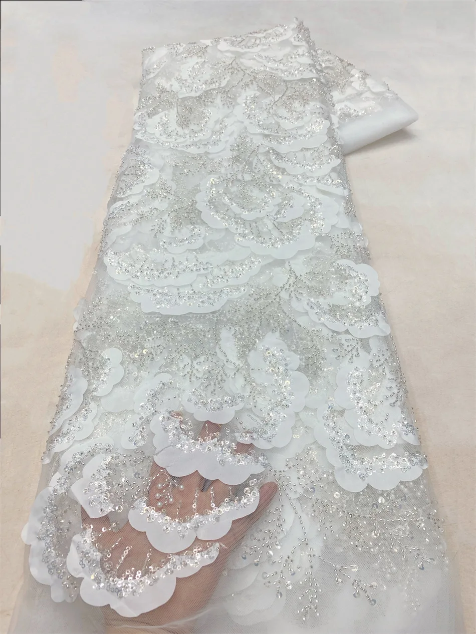 African Lace Fabric 2025 High Quality French 3D Flower Sequins Embroidery Beads Tulle Lace Fabric For Party Dress