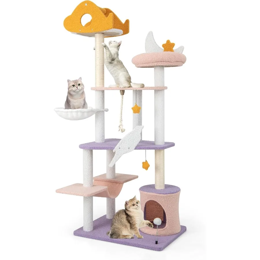 

Высокое кошачье дерево, 66 дюймов, многоуровневая современная кошачья башня с сизалевыми когтеточками, платформа в форме самолета, плюшевый гамак для окуня Dan