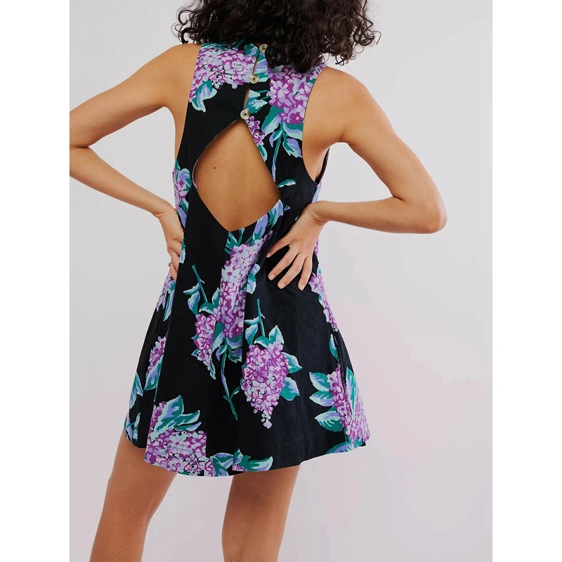 Minivestido corto holgado con estampado Floral Vintage Y2K para mujer, cuello redondo, sin mangas, con botones en la espalda y agujero recortado, corte en A, verano