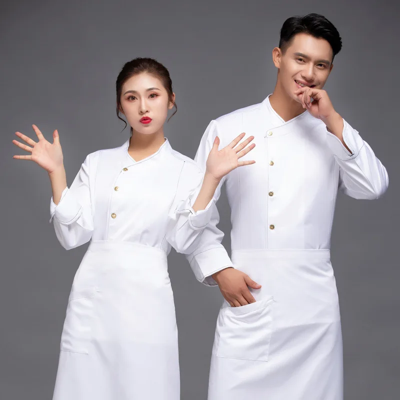 Chef Overalls ชายฤดูใบไม้ร่วงและฤดูหนาวเสื้อผ้าหนาสีขาว Dining Canteen Plus ด้านหลังห้องครัวเสื้อผ้า