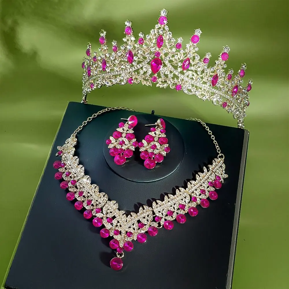 

Fashion Champagne Baroque Wedding Crown Crystal Luxury 3-pack Tiara Earrings Necklace Bridal Jewelry Set Party Birthday Gift
