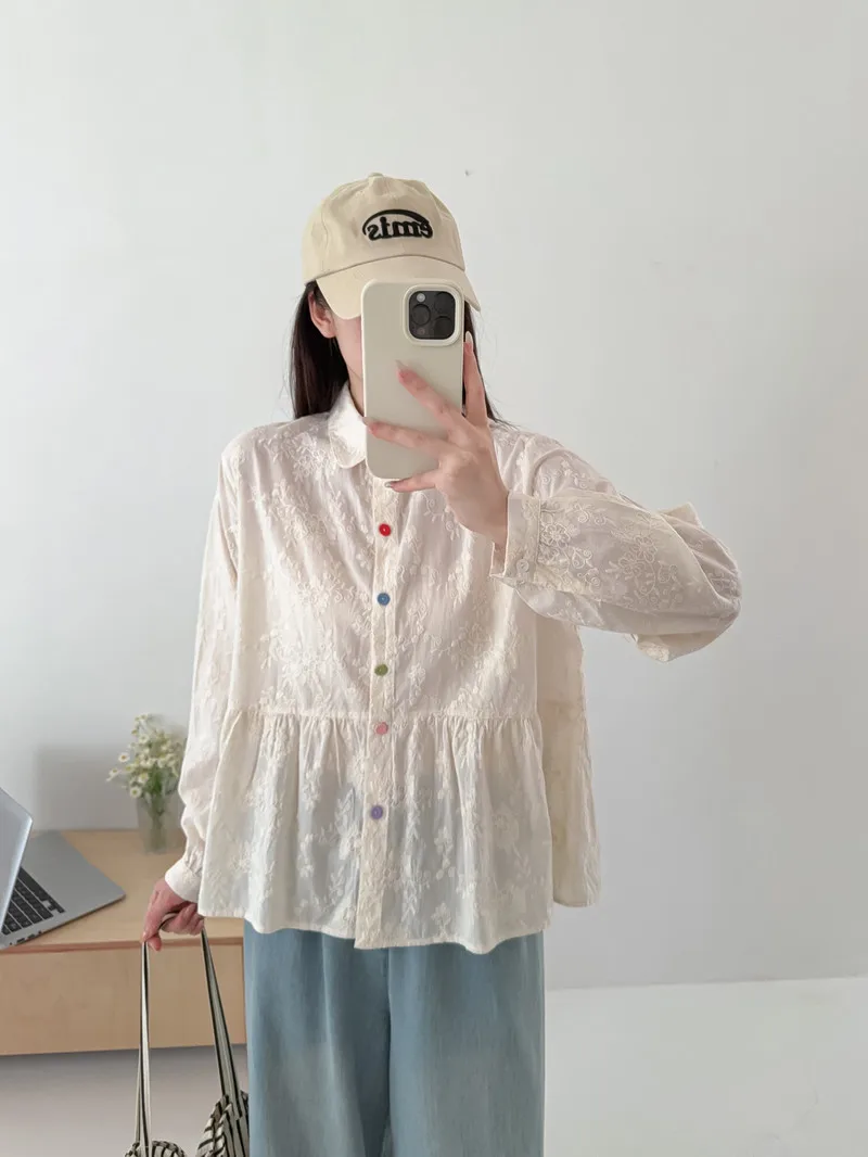 جديد 2025 الخريف قميص قطني بكم طويل ، المرأة بدوره إلى أسفل طوق التطريز ، موري فتاة أزرار ملونة بلوزة فضفاضة T5O591CC #2