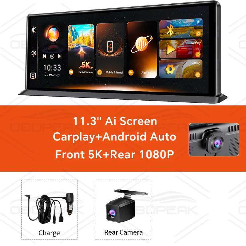 K8 Pro Auto DVR Camera 5K 11.3" Dashcam GPS Navigatie Draadloze CarPlay Android Auto Nachtzicht AUX Mirror Link Loop Recording