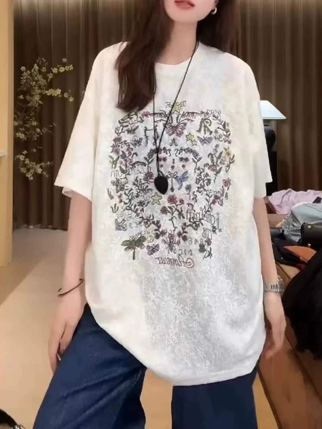 Fashionable White Printed Short Sleeve T-Shirt Women Summer plus Size Loose Beautiful Top Korean Style Creative Floral Pattern