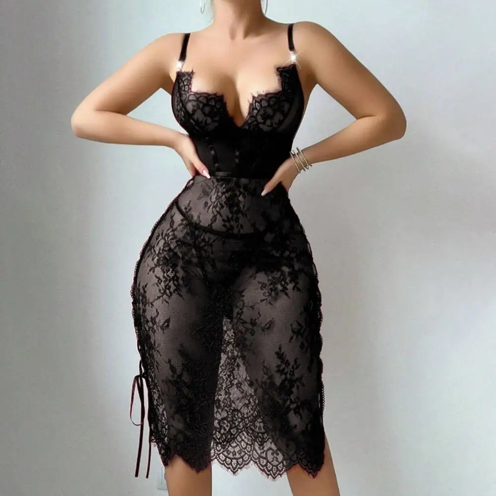 

Sexy Lace Babydoll Dress for Women Sheer Mesh Chemise Sleepwear Side Split V Neck Nightgown for Honeymoon Anniversaries Nightie