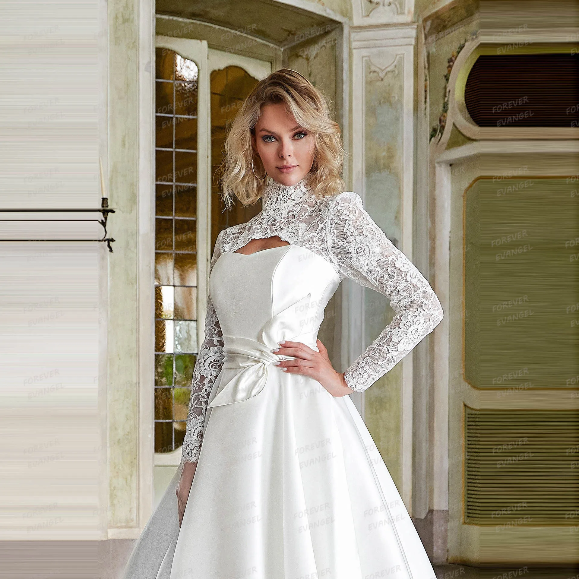 فساتين زفاف فاخرة ومثيرة على شكل حرف A للنساء من الساتان برقبة عالية من الدانتيل فساتين العروس بأكمام طويلة حفل رسمي مخصص فيستدوس دي نوفيا