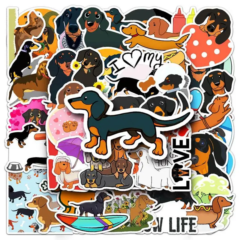 50Pcs Cute Waterproof Dachshund Stickers Funny DIY Animal Graffiti Decals for Waterbottles Laptop Luggage Phone Skateboard