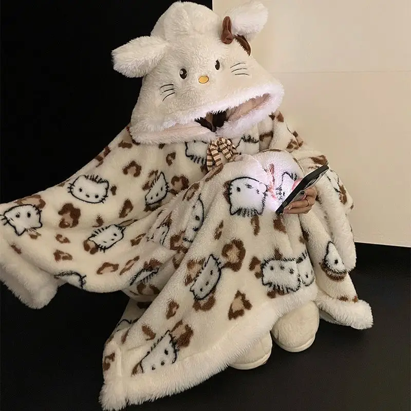 Hello Kitty Super Cute Leopard Print Winter Velvet Girl's Hooded Long-sleeved Cozy Soft Thickened Warm Bat-sleeve Cape Nightgown