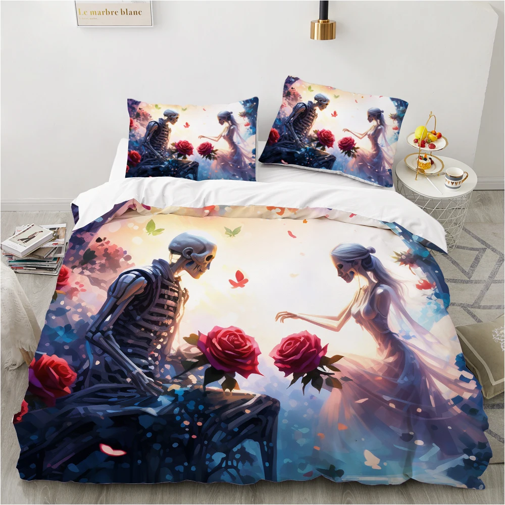 Corpse Bride Skeleton Skull Bedding Set Qulit Cover 3d Duvet Cover Gothic Comforter Cover Queen King Single Size Halloween Rose