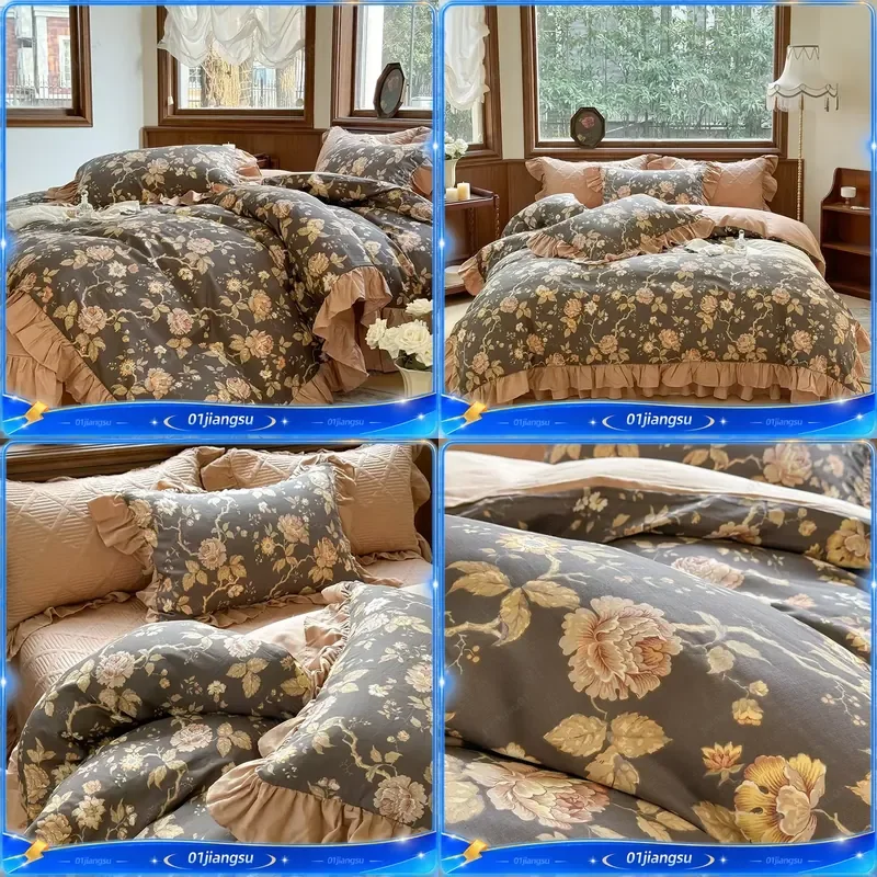 4 6Pcs Vintage French Country Floral Print Ruffles Bedding Set 100 Cotton Duvet Cover Quilted Bedspread Pillowcases Home